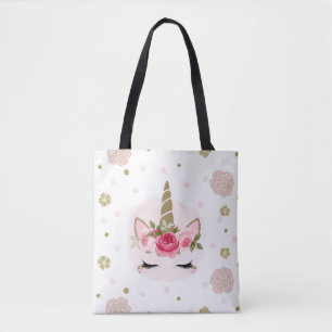 Eenhorn Goud Roze Bloeiende Bloemen Mooie Trendy F Draagtas