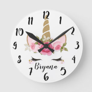 Eenhorn Goud Roze Bloemig Cute Trendy Slaapkamer R Ronde Klok