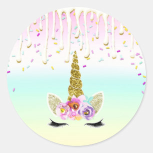 Eenhorn Pastel Regenboog Glazuur Drip Verjaardag Ronde Sticker