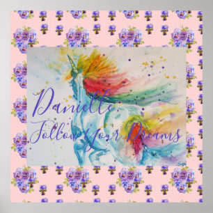 Eenhorn Waterverf Roze Bloemen Meisjesnaam Dekbed Poster