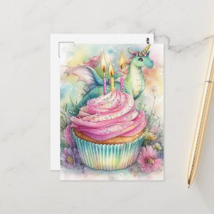 Eenhornige Draak Met Cupcake en Bloemen Briefkaart