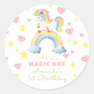 Eenhornige Regenboog Magie Eerste Verjaardag Ronde Sticker