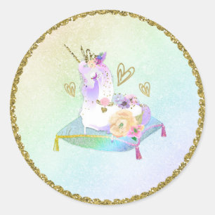 Eenhornprinses Iriserende Regenboog Pastel Feest Ronde Sticker