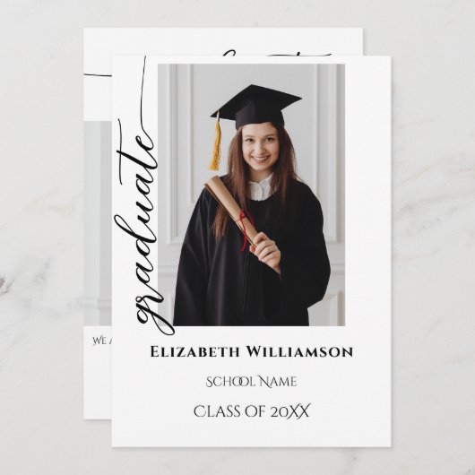 Eenvoudig 2 foto zwart kalligrafie script Afstuder Aankondiging (Voorkant / Achterkant)