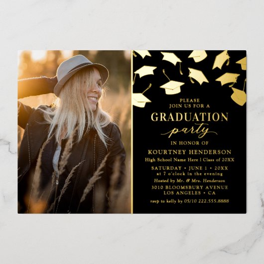 Eenvoudig Afstuderen Black Gold Foil Uitnodiging (Voorkant)