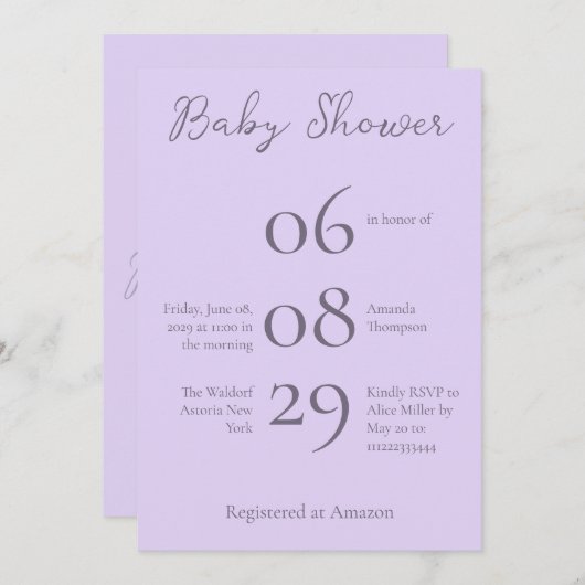 Eenvoudig Baby shower met minimale monogram lavend Kaart (Voorkant / Achterkant)