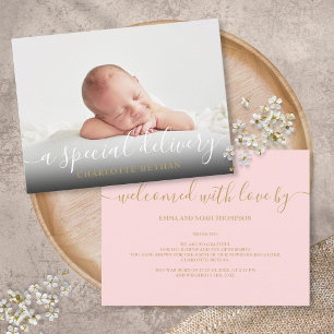 Eenvoudig babyfoto-script Roze meisje Geboorte Aankondigingskaart