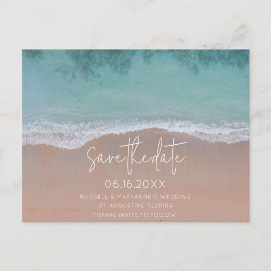 Eenvoudig Beach Weddenschap Budget sparen de Datum Aankondigingskaart (Voorkant)
