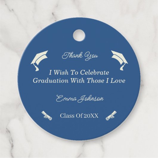 Eenvoudig beige en blauw Gepersonaliseerd Afstuder Bedankjes Labels (Voorkant)