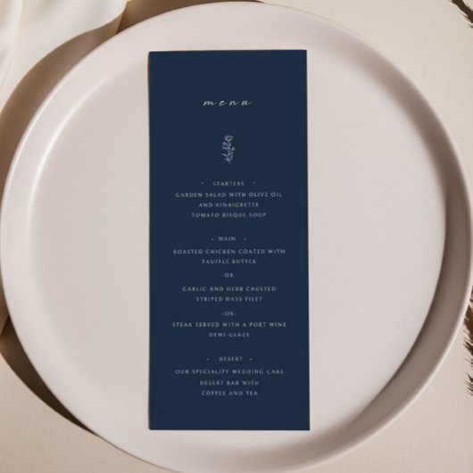 Eenvoudig Blad Marine Blauw Bruiloft Diner Menu