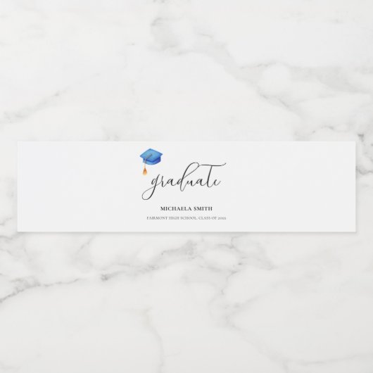 Eenvoudig blauw afstudeerkapscript Afstuderen Waterfles Etiket (Enkel label)