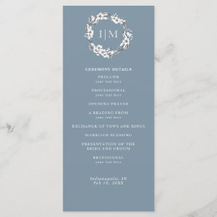 Eenvoudig Blauw Bloemen Monogram Trouwprogramma Programma
