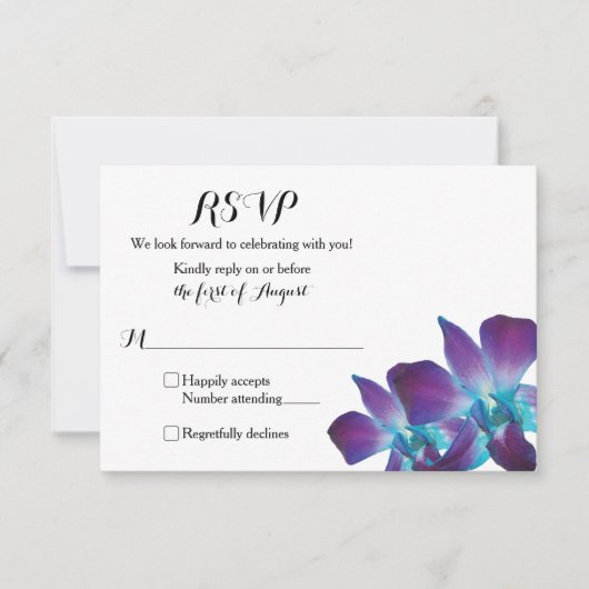 Eenvoudig Blauw Dendrobium Orchidee Bruiloft RSVP  (Voorkant)