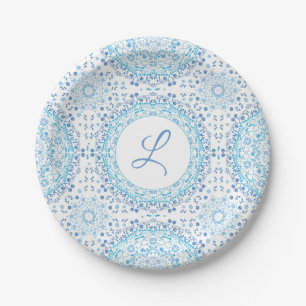 Eenvoudig blauw en wit Elegant Bloemen Mandala Papieren Bordje