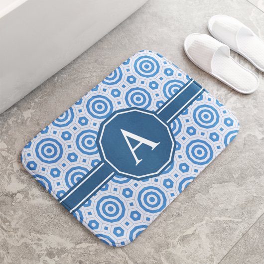 Eenvoudig blauw en wit modern geometrisch monogram badmat