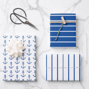 Eenvoudig blauw en wit nautisch anker gepersonalis inpakpapier vel