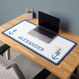 Eenvoudig blauw en wit nautisch anker monogram bureaumat