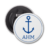 Eenvoudig blauw en wit nautisch anker monogram button flesopener (Voorkant)
