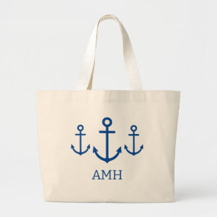 Eenvoudig blauw en wit nautisch anker monogram grote tote bag