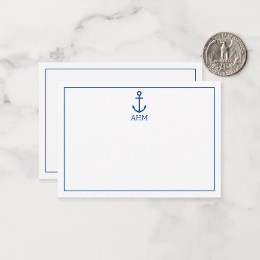 Eenvoudig blauw en wit nautisch anker monogram notitiekaartje (Voorkant / Achterkant in situ)