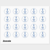 Eenvoudig blauw en wit nautisch anker monogram ronde sticker (Vel)