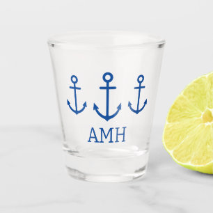 Eenvoudig blauw en wit nautisch anker monogram shot glas