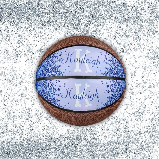Eenvoudig blauw geborsteld metaal en glitter monog basketbal