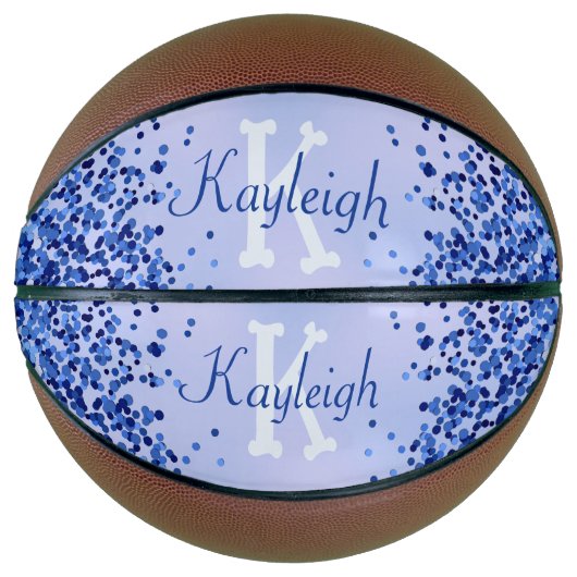 Eenvoudig blauw geborsteld metaal en glitter monog basketbal (Voorkant)
