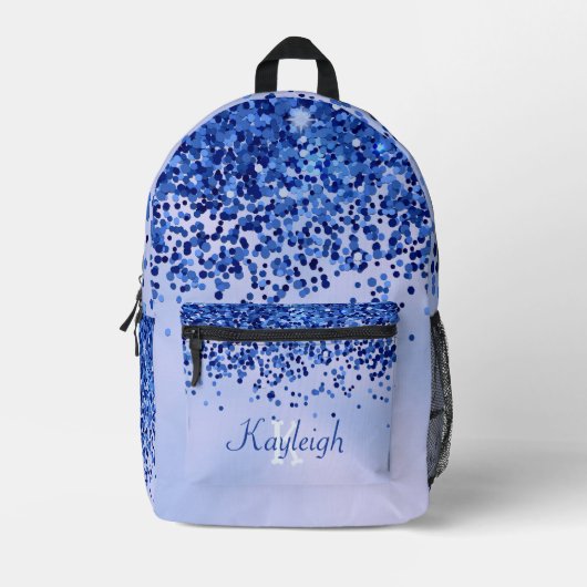 Eenvoudig blauw geborsteld metaal en glitter monog bedrukte rugzak (Voorkant)