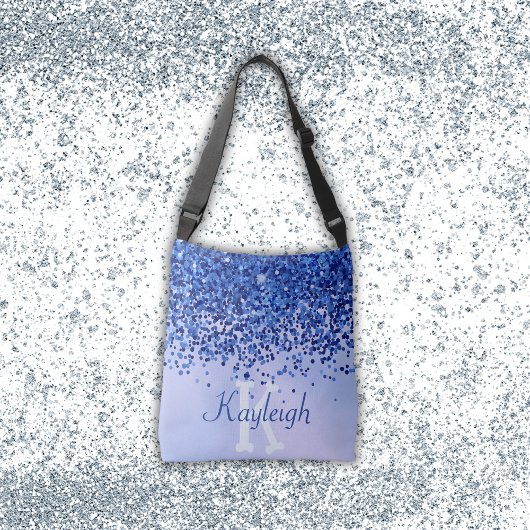 Eenvoudig blauw geborsteld metaal en glitter monog crossbody tas