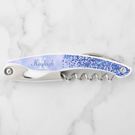 Eenvoudig blauw geborsteld metaal en glitter monog kurkentrekker (Voorkant)