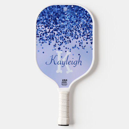 Eenvoudig blauw geborsteld metaal en glitter monog pickleball paddle (Achterkant)