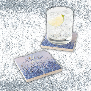 Eenvoudig blauw geborsteld metaal en glitter monog stenen onderzetter