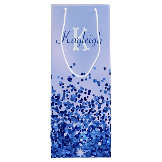 Eenvoudig blauw geborsteld metaal en glitter monog wijn cadeautas (Achterkant)