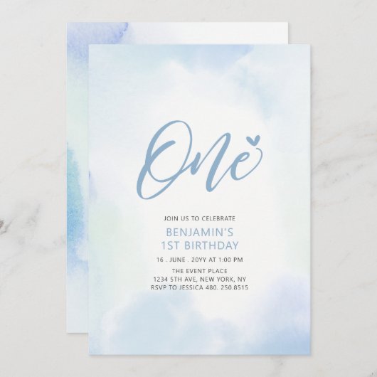 Eenvoudig blauw hart Eén eerste jongen verjaardag Kaart (Voorkant / Achterkant)