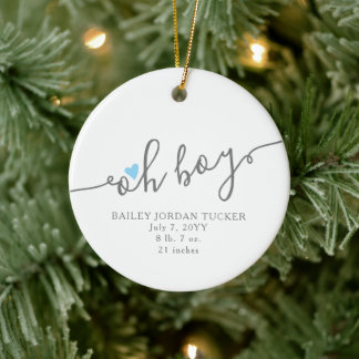 Eenvoudig blauw hart OH BOY Baby's eerste Kerstmis Keramisch Ornament