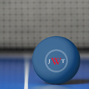 Eenvoudig blauw met rood en wit monogram pingpongballen