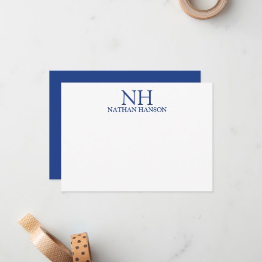 Eenvoudig blauw monogram modern notitiekaartje (Voorkant / Achterkant in situ)
