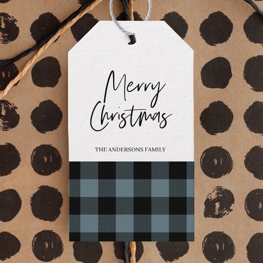 Eenvoudig Blauw Plaid & Merry Christmas Gift Label Cadeaulabel
