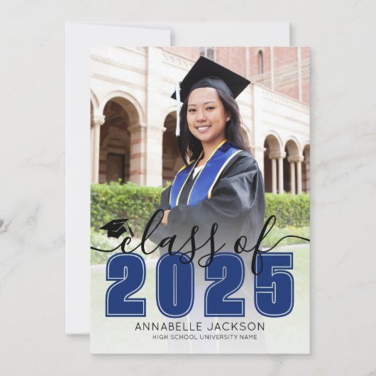 Eenvoudig blauw script Afstuderen foto-Afstuderen Aankondiging (Voorkant)