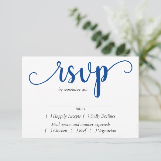 Eenvoudig blauw script | Cerulean Azure Entree Cho RSVP Kaartje (Staand voorkant)