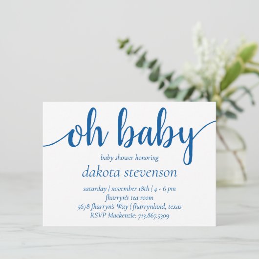 Eenvoudig blauw script | Cerulean OH Baby shower Kaart (Staand voorkant)