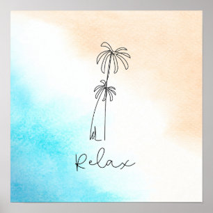 Eenvoudig Blauw Wit Beige Waterverf Strand Ontspan Poster