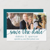 Eenvoudig Blauwgroen script | Dark Midnight Green Save The Date (Voorkant / Achterkant)