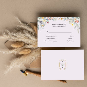 Eenvoudig Bloemen Varens Lavendel Trouw Monogram RSVP Kaartje