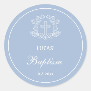 Eenvoudig Bloemenkruis op lichtblauwe doop Ronde Sticker