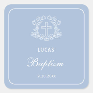 Eenvoudig Bloemenkruis op lichtblauwe doop Vierkante Sticker