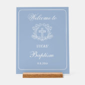 Eenvoudig bloemenkruis op lichtblauwe doop Welkom Acryl Bord (Voorkant)