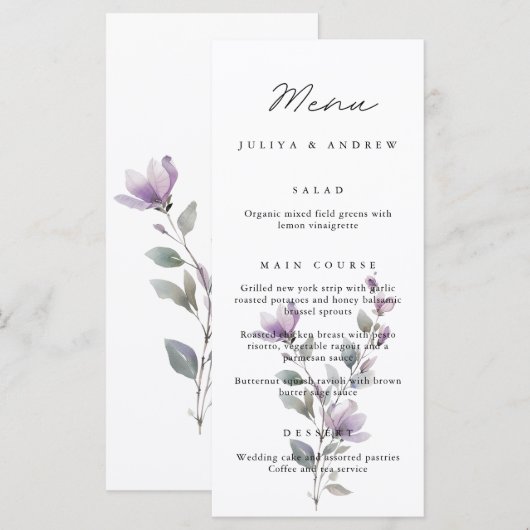 Eenvoudig bloemenscript Wedding Menu kaart (Voorkant / Achterkant)