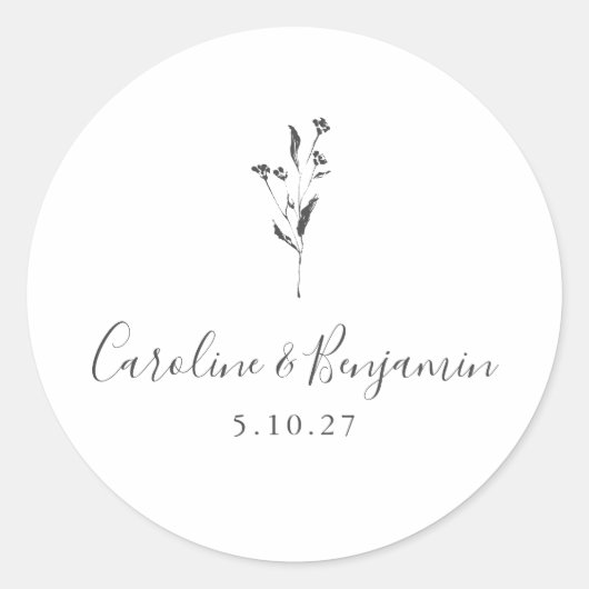 Eenvoudig bloemenscript wit boho bruiloft op maat ronde sticker (Voorkant)